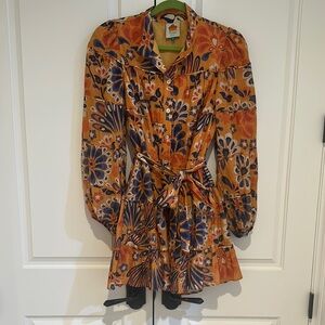 FARM Rio Orange Ruffled Wrap Dress with Bishop Sleeves